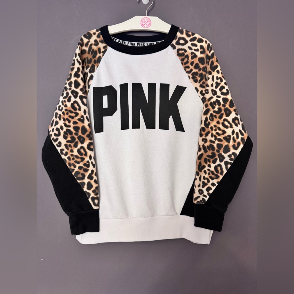 VS PINK CAMPUS CREW SWEATSHIRT CHEETAH LEOPARD COLOR BLOCK LOGO HTF RARE XS